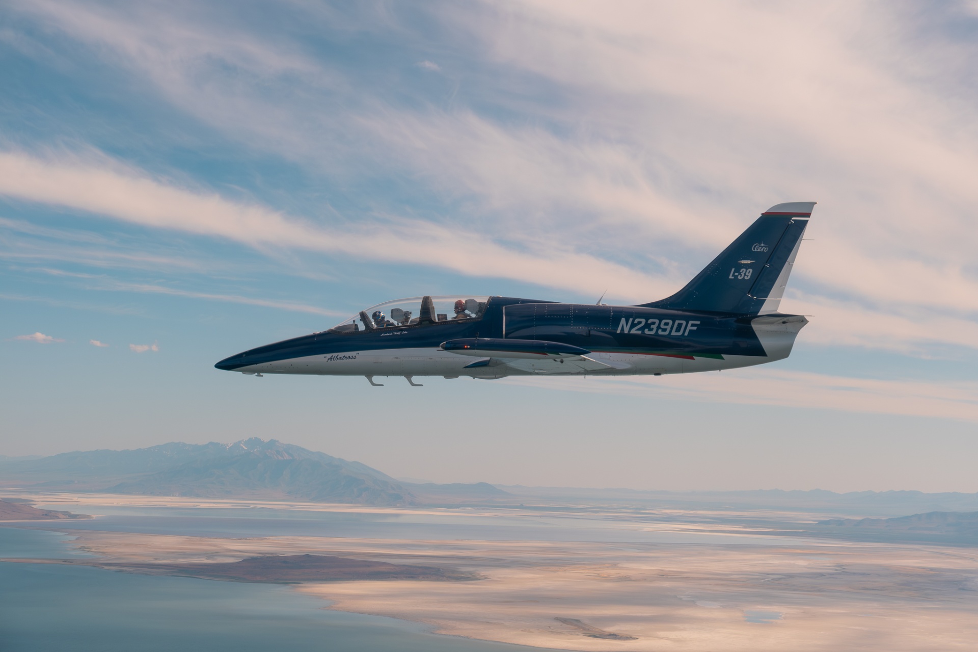 L-39 Albatross jet trainer cruising above the Great Salt Lake